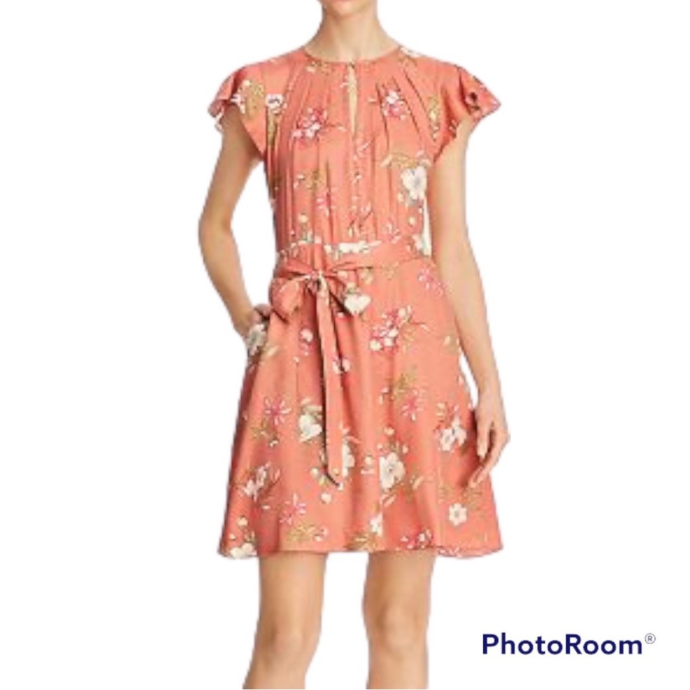 Rebecca Taylor Lita Floral Silk Flutter Sleeve Keyhole TieWaist Dress w/ pockets